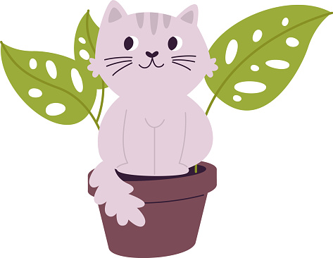 Cat Sitting In Pot Vector Illustration