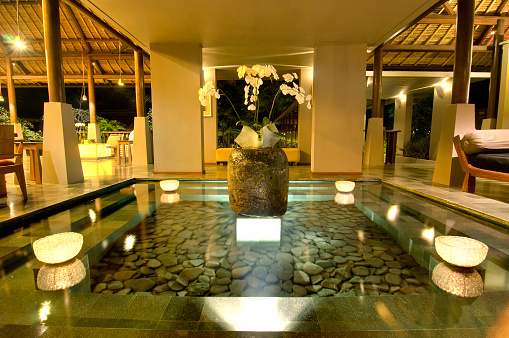 Hotel Lobby in Balinese Luxury Hotel at night