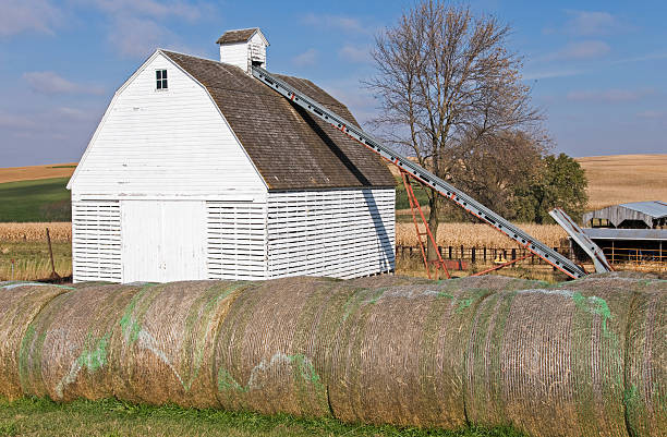 istock Barn and rolled hay in central Iowa 182228452