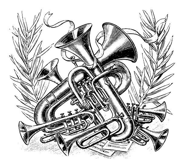 illustrazioni stock, clip art, cartoni animati e icone di tendenza di musica/antique illustrazioni progettuali - brass instrument retro revival old fashioned part of