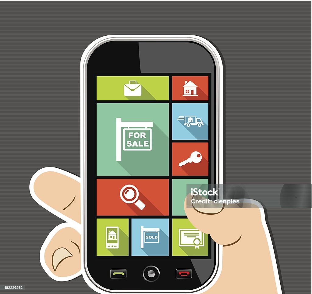 不動産の概念人間の手を保持し、スマートフォンのユーザーインターフェイス。 - 家の引っ越しのロイヤリティフリーベクトルアート