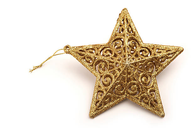 Glittery Gold Shining Star Christmas Ornament on white background.