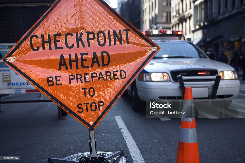 police checkpoint a police checkpoint in Manhattan NYC at a parade for the New York yankees world series win 2009. Security Barrier Stock Photo