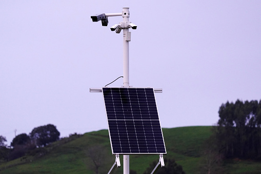 Video surveillance security cameras with solar panel for operation. CCTV