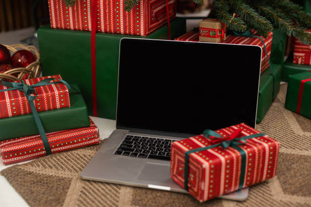 istock Laptop on background of Christmas interior 1822300792