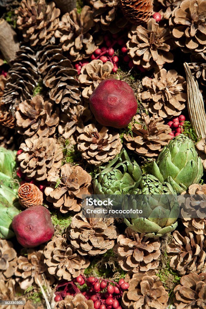 Christmas Floral Diplay "Christmas floral display with pine cones, pomegranate, artichoke" Artichoke Stock Photo