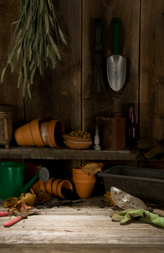 This is a table in a potting shed with gardening tools and associated items. Highlighted space in lower center has been left bare for product insertion or type.