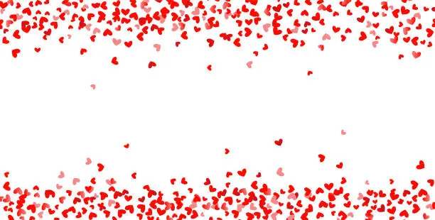 Vector illustration of Pattern of random falling hearts confetti. Border design element for festive banner, greeting card, wedding invitation, Valentines day. Vector illustration.