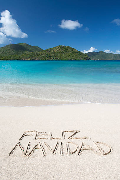 istock Feliz Navidad Merry Christmas Spanish Message on Tropical Beach 182231530