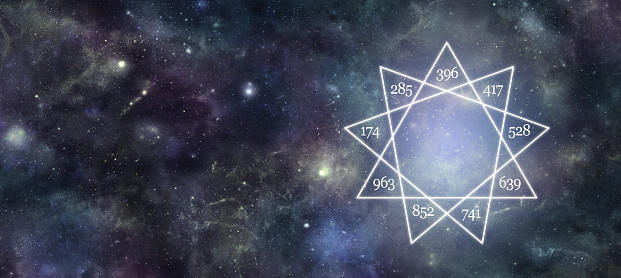 deep space night sky background with a 9 point star containing the nine solfeggio frequencies and copy space for messages on left side