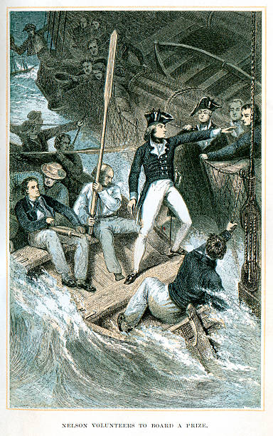 Nelson volunteers to board a prize A scene from the life of Lord Nelson - Nelson volunteers to board a prize admiral nelson stock illustrations