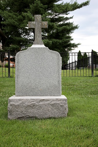 XXXL photo of a blank tombstone with an overcast sky and green grass.  RIP.  Put anything you want on the stone...and there is room below for additional text.