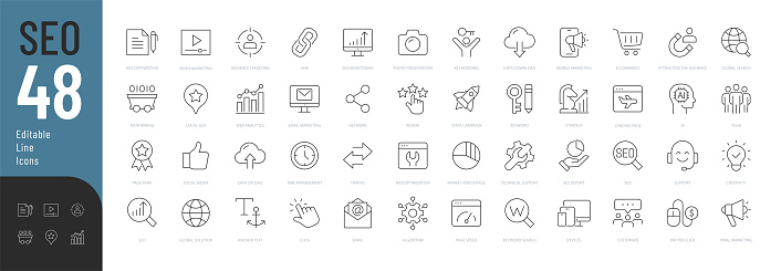 Vector illustration in modern thin line style of technology icons: web development, strategy, optimization and more. Pictograms and infographic