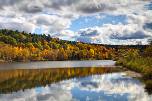 The St. John River of New Brunswick flows peacefully past fall foliage.  The sky and forest are reflected in the still waters.