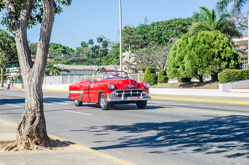 Old vintage American car in Varadero Cuba during winter day