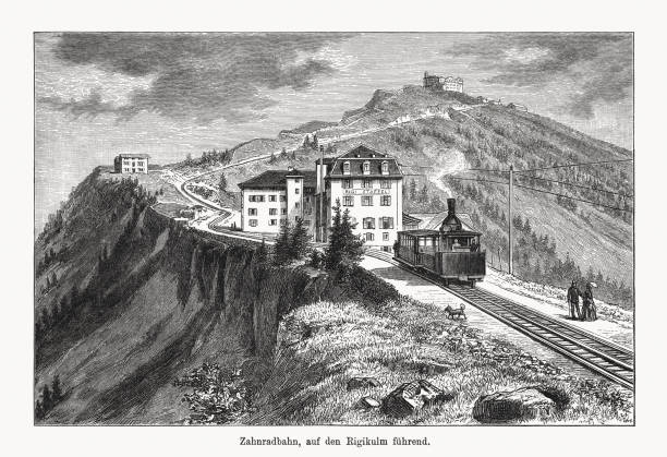 ilustrações de stock, clip art, desenhos animados e ícones de rack railway to the rigi kulm, switzerland, wood engraving, published in 1894 - rack railway