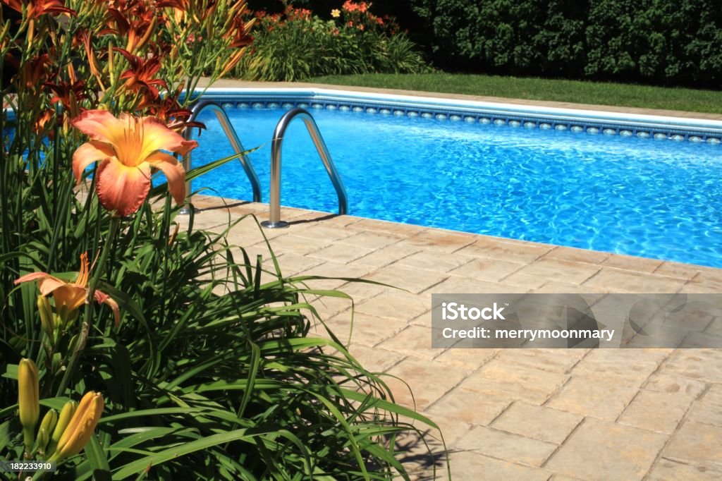 Swimming Pool with Copy Space XXXL photo of a beautiful swimming pool in the middle of summer with bright daylily flowers.  Swimming Pool Stock Photo