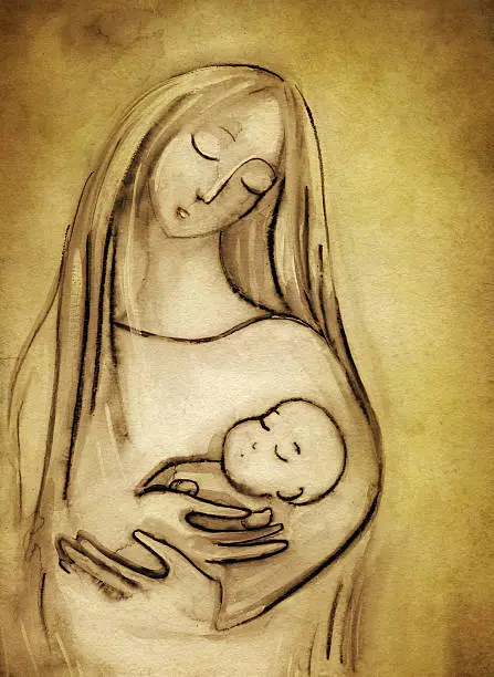 "Mary with the child Jesus - mother holding her baby - drawing of my wife Gabi Kiss, added age effectsSimilar images:"
