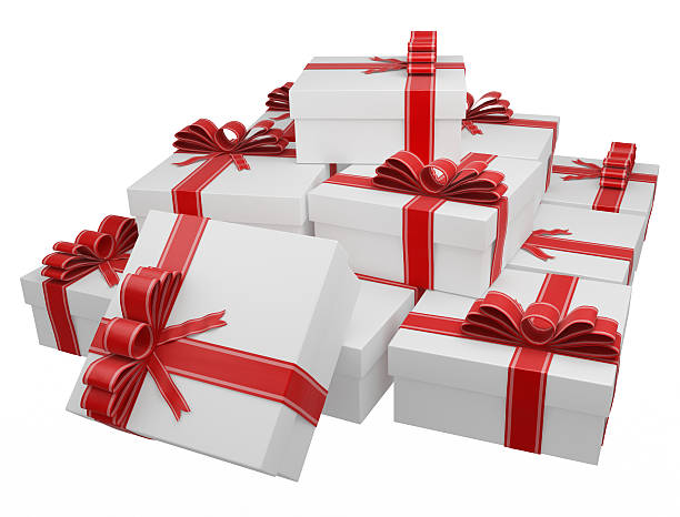 istock White gift boxes wrapped with red ribbon and bow 182234347