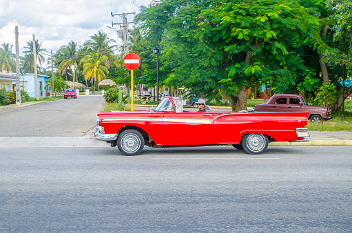 Old vintage American car in Varadero Cuba during winter day