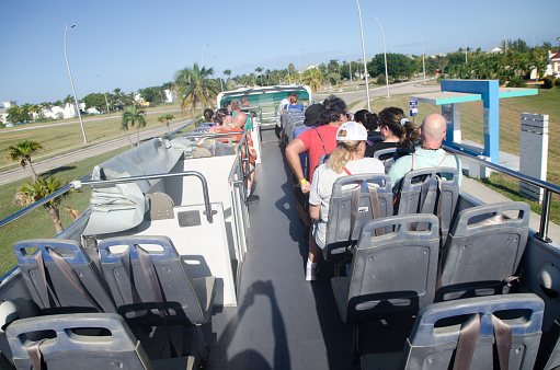 View of top double-decker bus  in Varadero Cuba during winter day