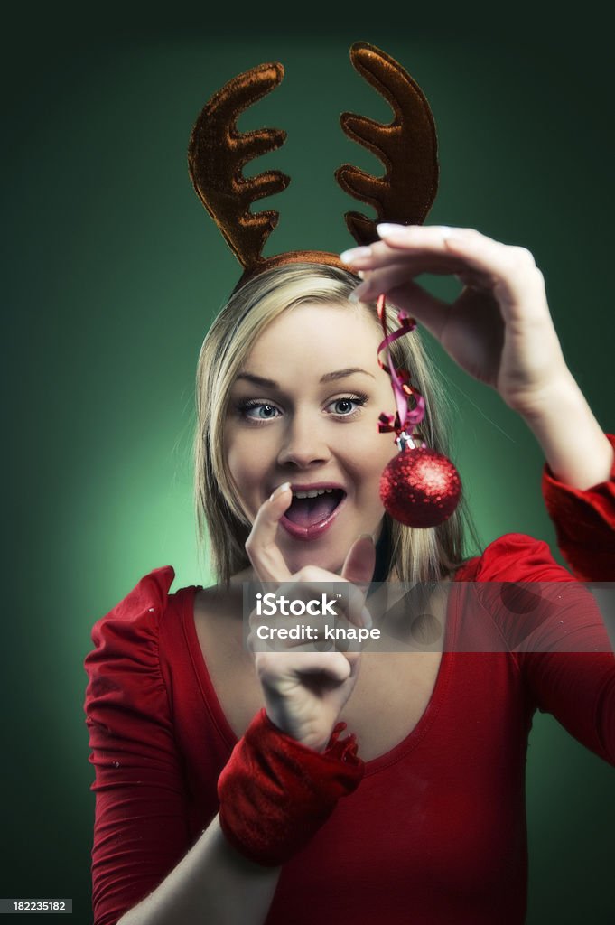 Mujer en traje de navidad de reno - Foto de stock de Adorno de navidad libre de derechos