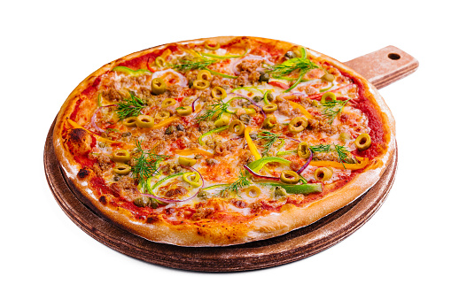 Fresh tuna pizza on a wooden board isolated