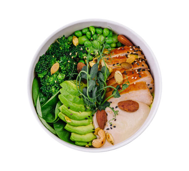 istock Healthy salad bowl with chicken breast top view 1822352473