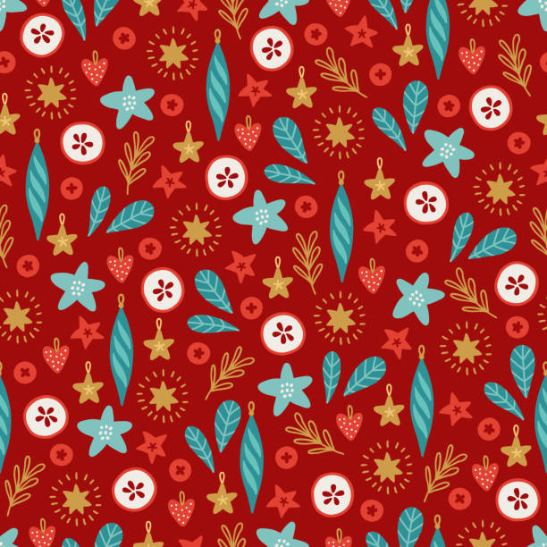 ilustrações de stock, clip art, desenhos animados e ícones de christmas seamless pattern with berries, stars, hearts, baubles. vector illustration - 6726