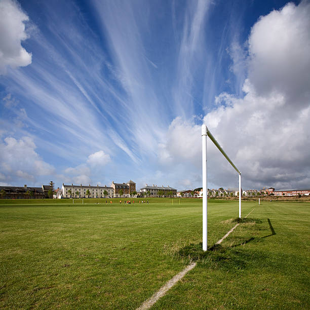 Poundbury "A football pitch on Prince Charles' urban extension to Dorchester - the County Town of Dorset, England" dorchester on thames stock pictures, royalty-free photos & images