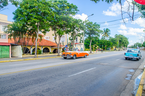 Old vintage American car in Varadero Cuba during winter day