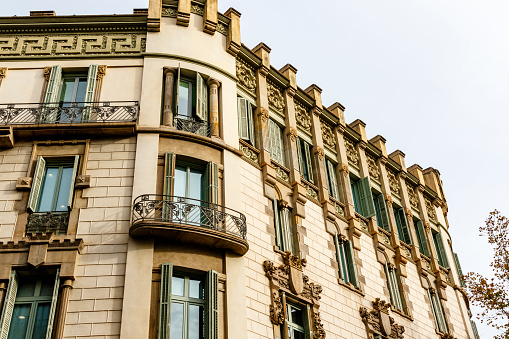 Facade of old apartment buildings in el Eixample, Barcelona, Catalonia, Spain, Europe