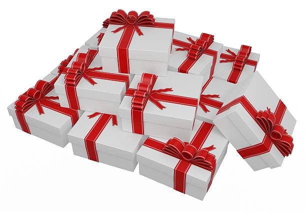 istock White gift boxes wrapped with red ribbon and bow 182236759