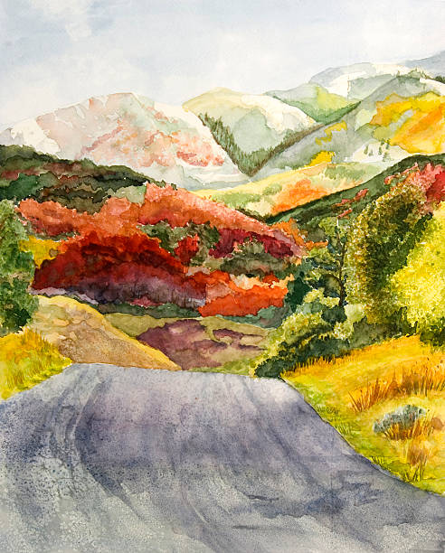istock watercolor of road in fall 182236848