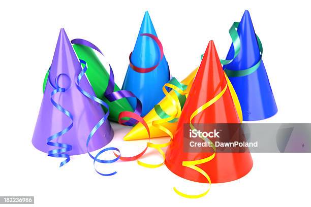 Multi Colored Party Hats With Ribbons Stock Photo - Download Image Now - Blue, Celebration Event, Color Image