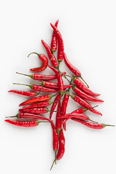Spiced-up Christmas Tree - red chilli peppers isolated on white.