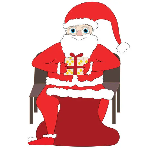 Vector illustration of Christmas Santa Claus character sitting on a bench offering a present