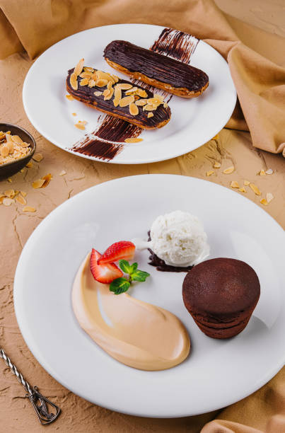 istock lava cake with ice cream and chocolate eclairs 1822376738