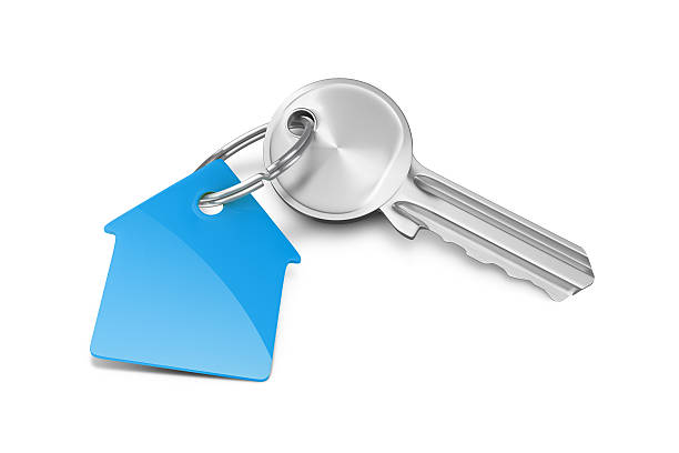 A key with a house-shaped blue key tag - Concept image.3D-renderingSee also: