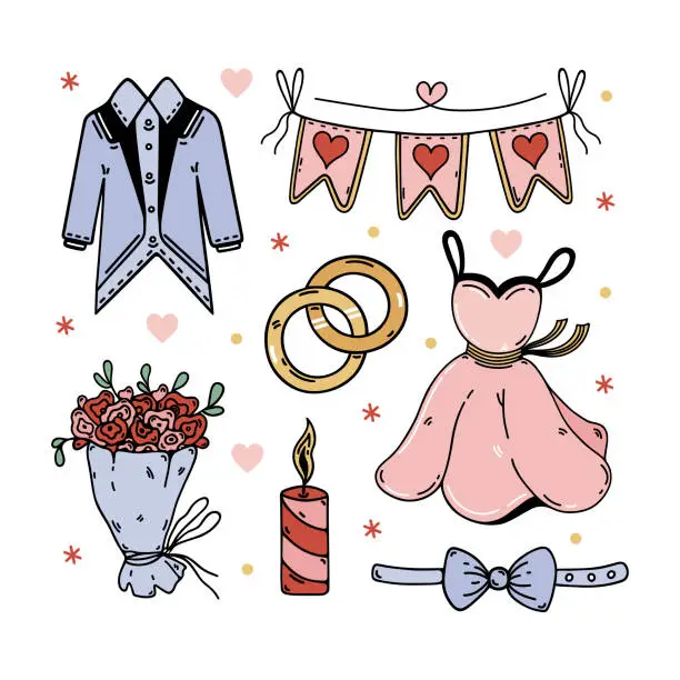 Vector illustration of Wedding items vector set. Symbols of marriage - a dress for a bride, a suit for a groom, engagement rings, bright garland with hearts, bouquet of flowers, holiday candle. Flat cartoon doodle clipart