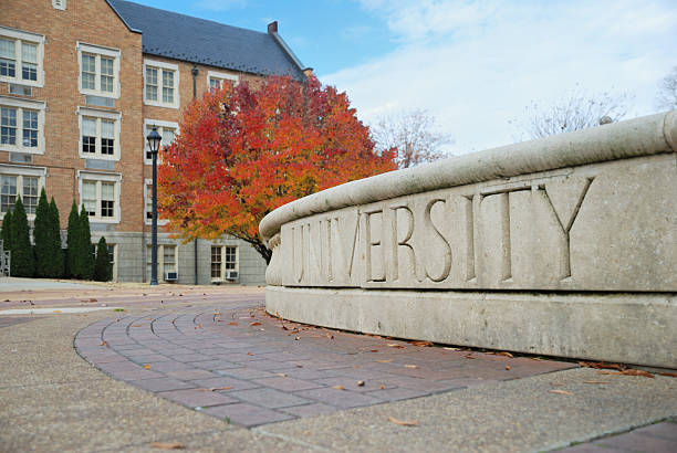 University sign in fall University sign in autumn with copy space campus stock pictures, royalty-free photos & images