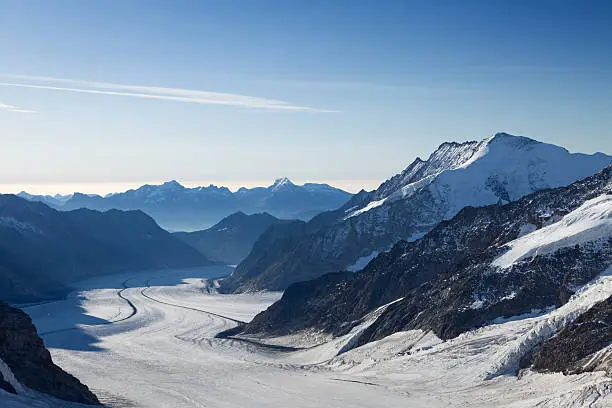 "View over the Aletsch glacier, Europe's largest glacier, in Switzerland. As seen from Jungfraujoch in beautiful morning light."