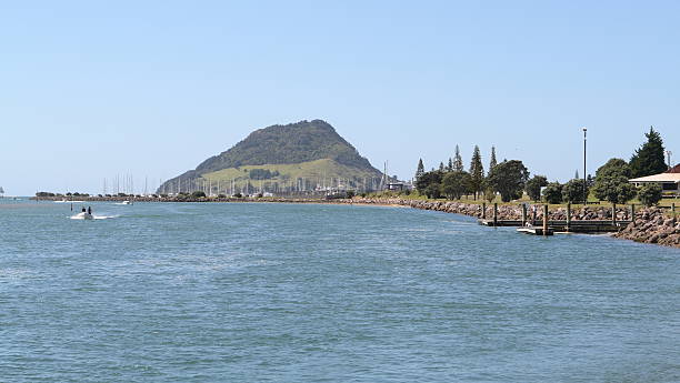Tauranga Harbour and Mount Maunganui stock photo