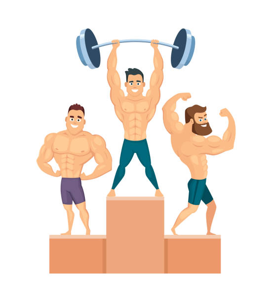 Bodybuilders. esthetic athletic male characters standing on different poses. Vector cartoon illustration Bodybuilders. esthetic athletic male characters standing on different poses. Vector cartoon illustration of pedestal winner fitness athlete cartoon muscular man lifting heavy weights stock illustrations