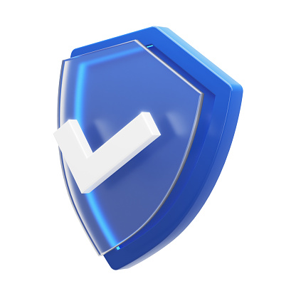 Success, approve, safety concept. 3d render. Shield 3d icon and check mark symbol isolated on white background.