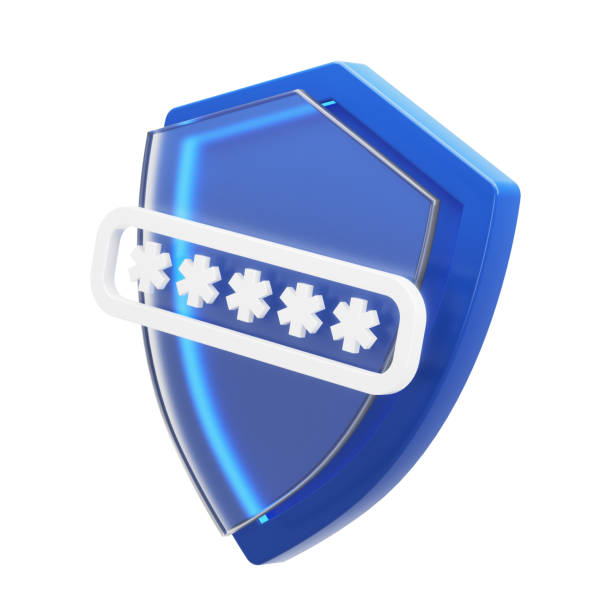 Cyber security and privacy concept. Shield 3d icon and symbol of password input isolated on white background. 3d render