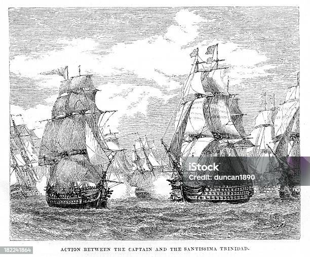 Битва Кейп Сентвинсент — стоковая векторная графика и другие изображения на тему XVIII век - XVIII век, Стиль 18 века, Военный корабль