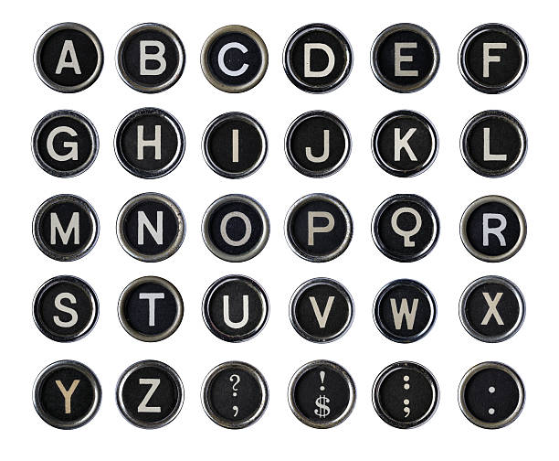 Vintage Typewriter Alphabet Vintage Typerwriter Keys. On Pure White Background. Clean of Dust and Dirt. Scratched, Corroded and Worn to give Real Character. letter f photos stock pictures, royalty-free photos & images