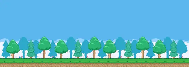 Vector illustration of colorful simple vector pixel art horizontal illustration of cartoon dense mixed forest in retro video game platformer level style