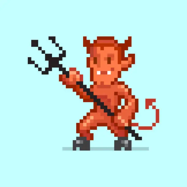 Vector illustration of colorful simple vector pixel art illustration of cartoon red horned devil with trident